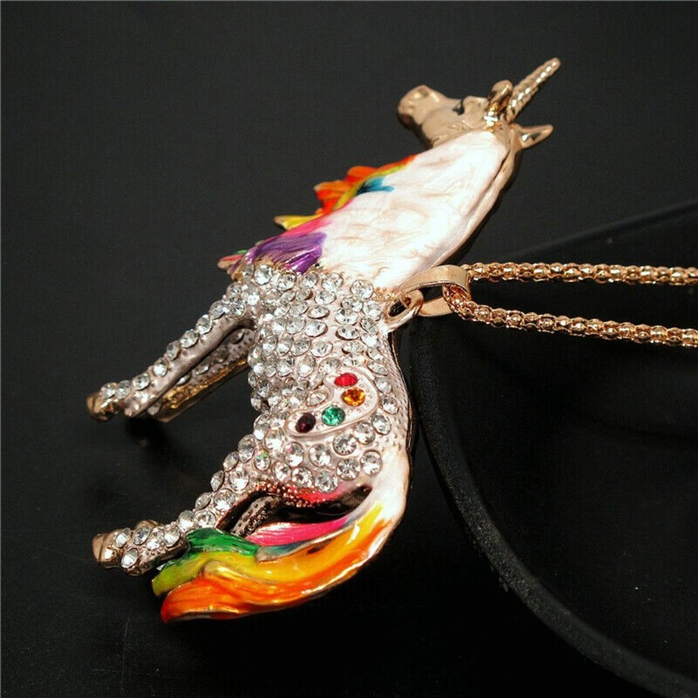 Betsey Johnson large rainbow or purplerhinestone enamel unicorn pendant necklace - Picture 3 of 7